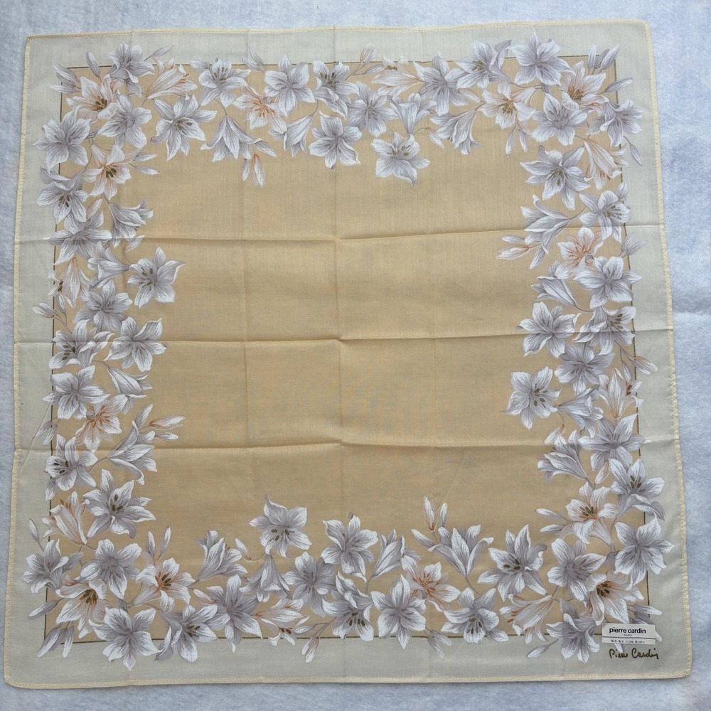 PIERRE CARDIN Scarf Handkerchief Floral Lily Cotton Yellow Fashion Accessory 17"